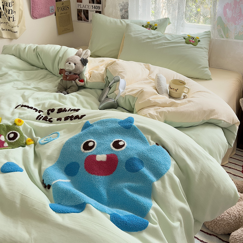 Комплект от четири части за супер мека памучна кърпа с бродерия от клас А, едноцветен памучен калъф за завивка, комплект от три части за студентски общежития