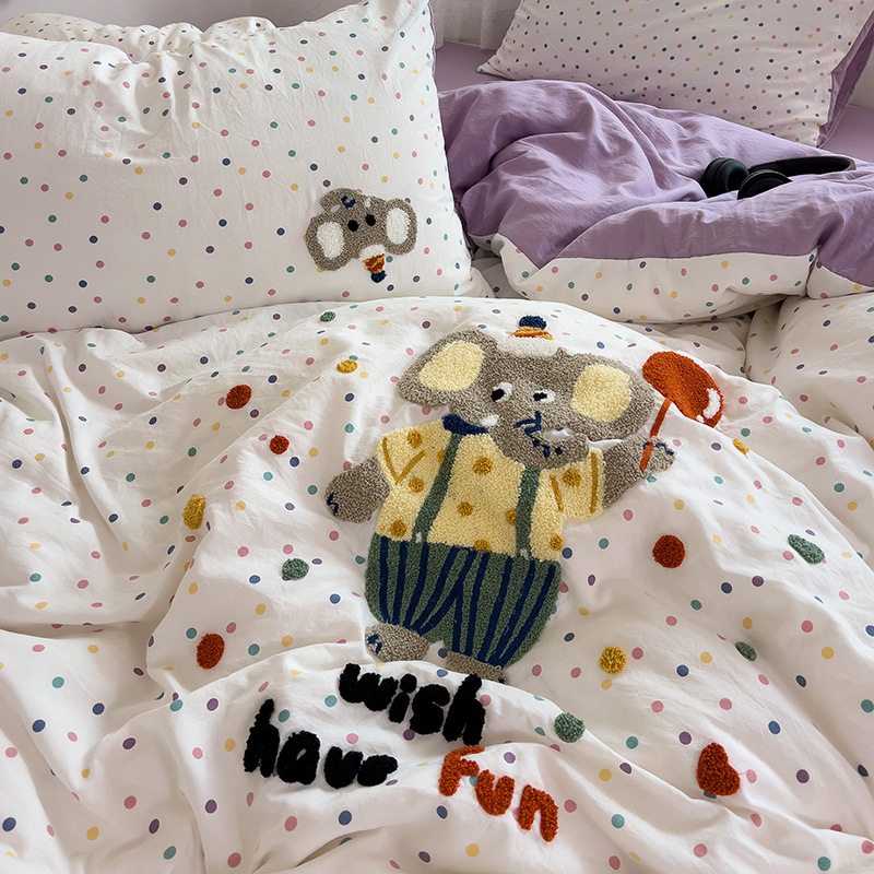 Комплект от четири части за супер мека памучна кърпа с бродерия от клас А, едноцветен памучен калъф за завивка, комплект от три части за студентски общежития