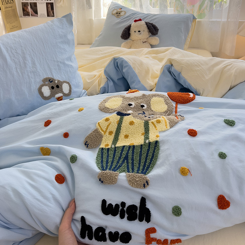 Комплект от четири части за супер мека памучна кърпа с бродерия от клас А, едноцветен памучен калъф за завивка, комплект от три части за студентски общежития