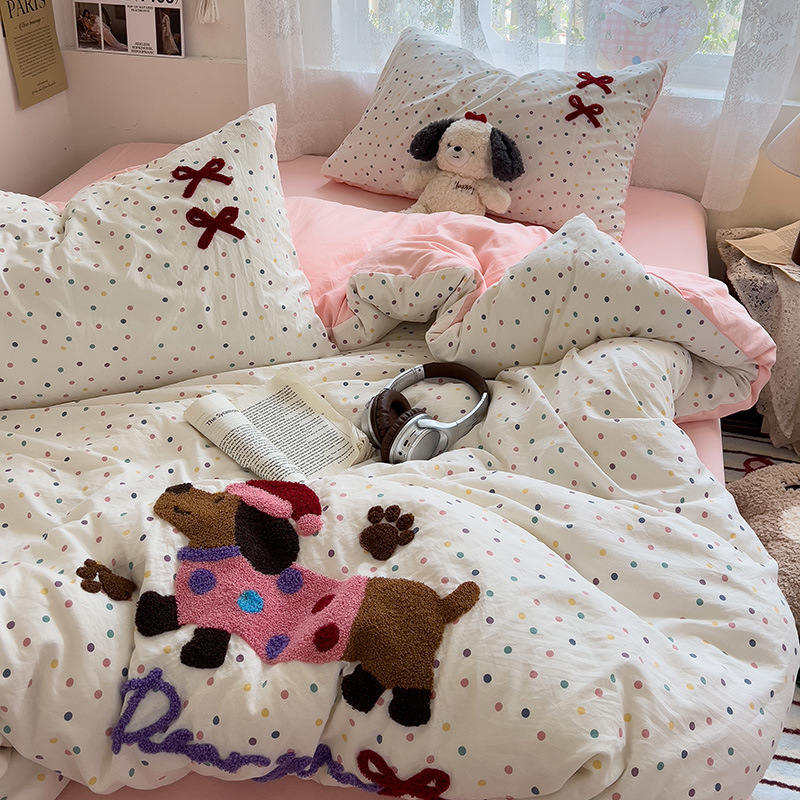 Комплект от четири части за супер мека памучна кърпа с бродерия от клас А, едноцветен памучен калъф за завивка, комплект от три части за студентски общежития