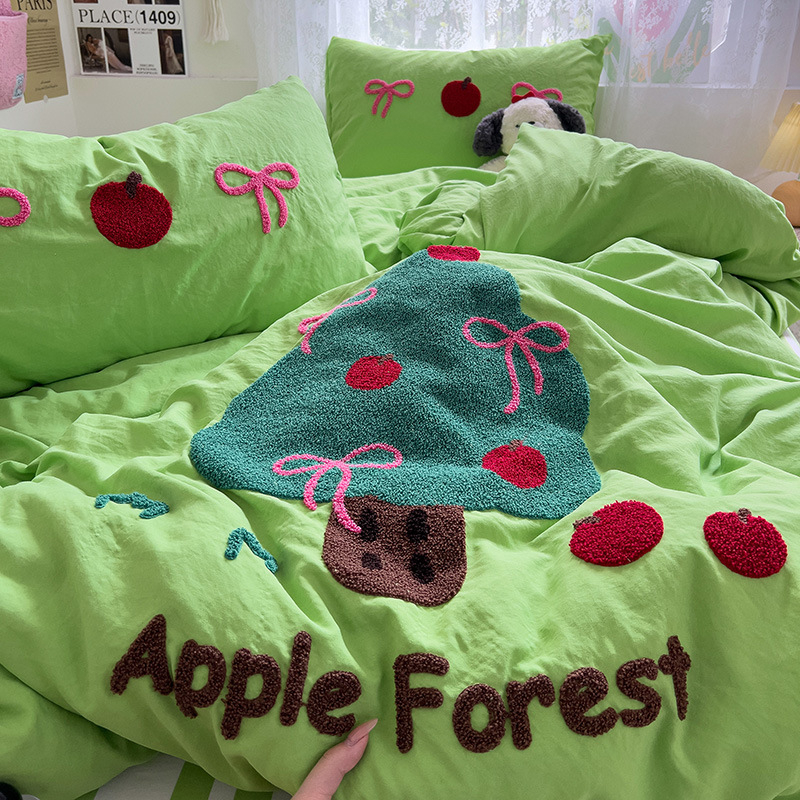 Комплект от четири части за супер мека памучна кърпа с бродерия от клас А, едноцветен памучен калъф за завивка, комплект от три части за студентски общежития