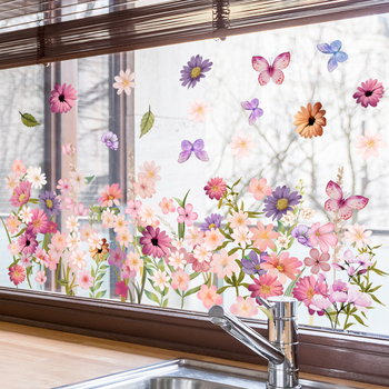 Įvairūs šviežių gėlių ramunėlių elektrostatiniai lipdukai miegamajam svetainei elektrostatinė dvipusė spauda vizualiniai stiklo lipdukai nuimami