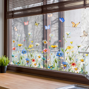 Įvairūs šviežių gėlių ramunėlių elektrostatiniai lipdukai miegamajam svetainei elektrostatinė dvipusė spauda vizualiniai stiklo lipdukai nuimami