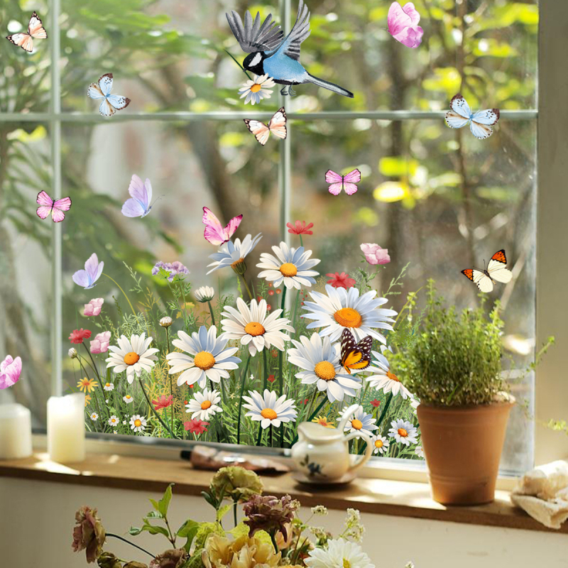 Įvairūs šviežių gėlių ramunėlių elektrostatiniai lipdukai miegamajam svetainei elektrostatinė dvipusė spauda vizualiniai stiklo lipdukai nuimami