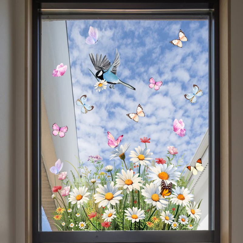 Įvairūs šviežių gėlių ramunėlių elektrostatiniai lipdukai miegamajam svetainei elektrostatinė dvipusė spauda vizualiniai stiklo lipdukai nuimami