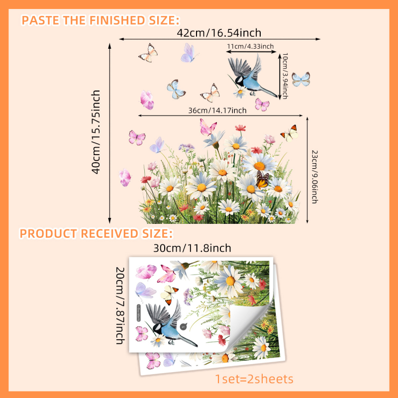 Įvairūs šviežių gėlių ramunėlių elektrostatiniai lipdukai miegamajam svetainei elektrostatinė dvipusė spauda vizualiniai stiklo lipdukai nuimami