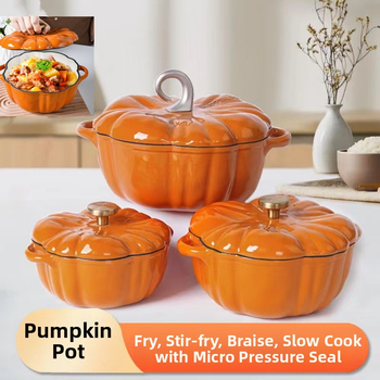 Emalinis puodas, moliūgo formos emaliuotas puodas, sriuba, troškinta mėsa, daugiafunkcis puodas, buitinis emaliuotas sriubos puodas, universalus indukcinei viryklei