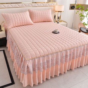 Naujas vestuvinis „Qingda“ raudonas dygsniuotas lovos sijonas, trijų dalių komplektas, vienspalvis, sustorintas, neslystantis paklodė, dviguba lovatiesė