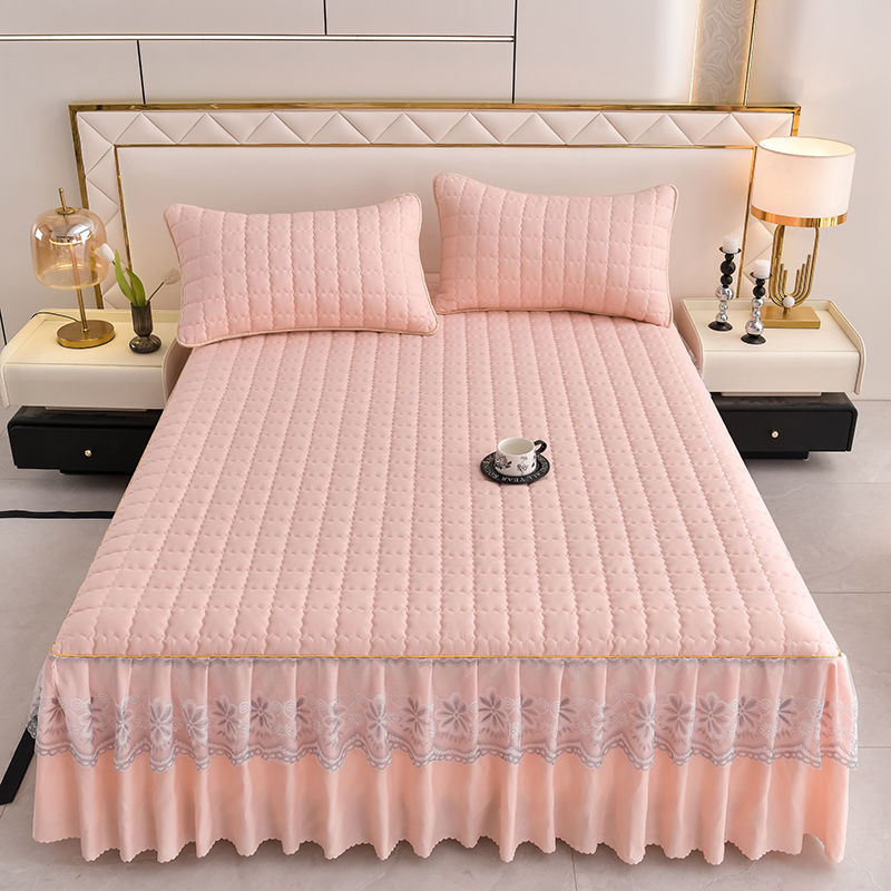 Naujas vestuvinis „Qingda“ raudonas dygsniuotas lovos sijonas, trijų dalių komplektas, vienspalvis, sustorintas, neslystantis paklodė, dviguba lovatiesė