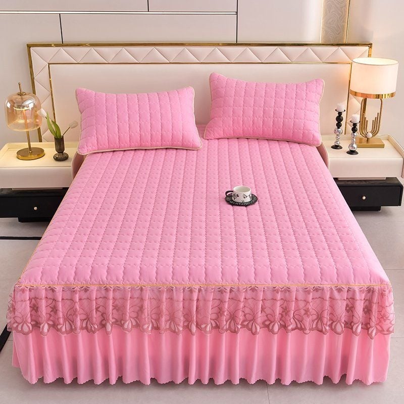 Naujas vestuvinis „Qingda“ raudonas dygsniuotas lovos sijonas, trijų dalių komplektas, vienspalvis, sustorintas, neslystantis paklodė, dviguba lovatiesė