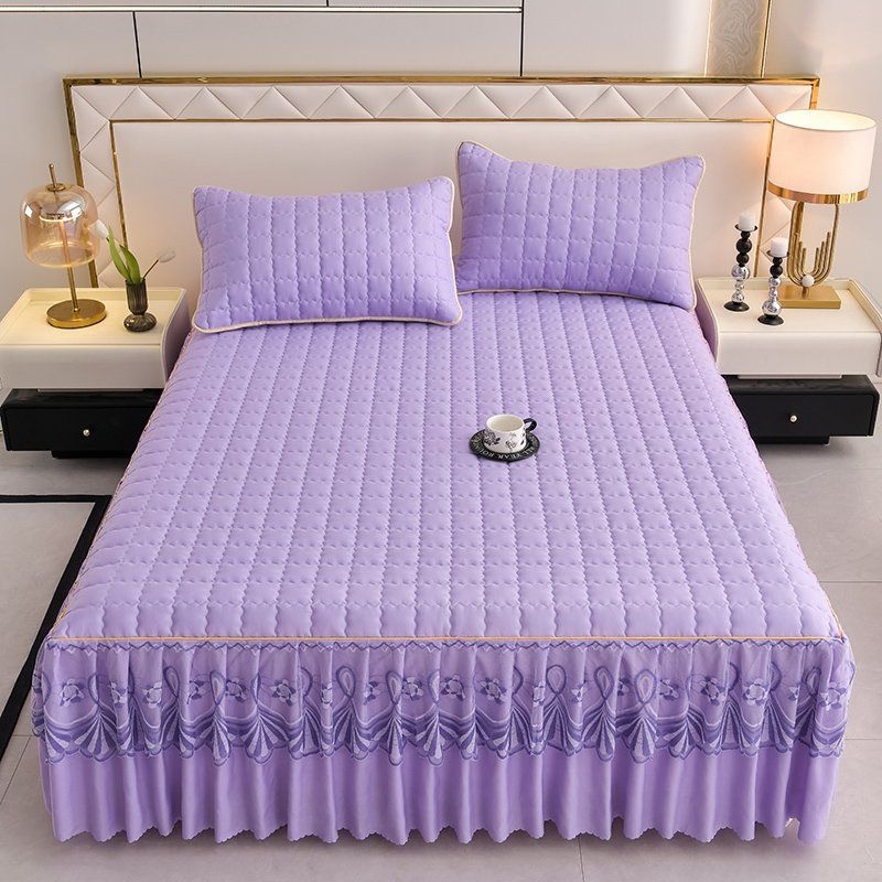 Naujas vestuvinis „Qingda“ raudonas dygsniuotas lovos sijonas, trijų dalių komplektas, vienspalvis, sustorintas, neslystantis paklodė, dviguba lovatiesė