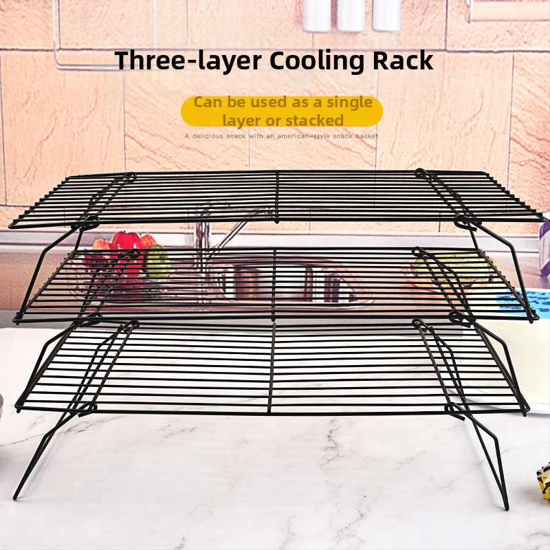3-слойна сгъваема решетка за охлаждане на торти, решетка за охлаждане на хляб, решетка за сушене на бисквитки, черна незалепваща решетка за печене