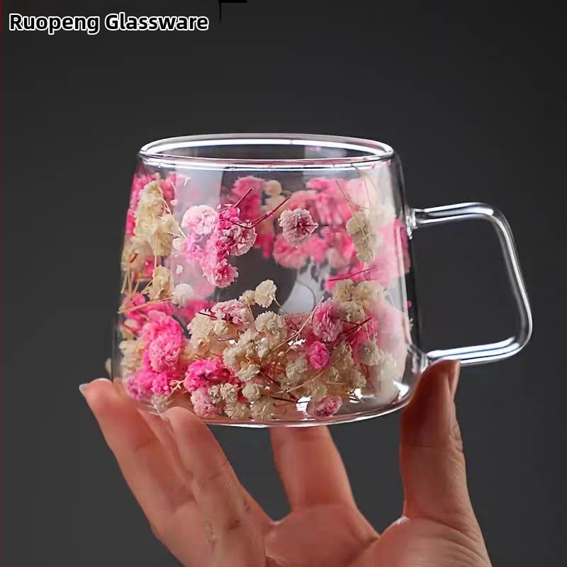 Κύπελλο αποξηραμένων λουλουδιών από υψηλό βοριοπυριτικό γυαλί με λαβή, ανθεκτικό στη θερμότητα διαφανές κύπελλο πόσης γάλακτος για τσάι, απλό μονωμένο κύπελλο διπλής στρώσης