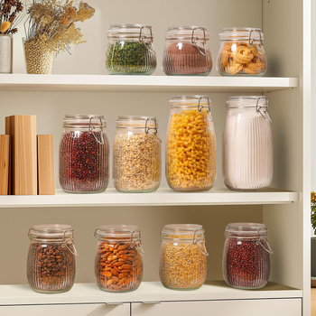 Χονδρικό γυάλινο σφραγισμένο βάζο κουζίνας σιτηρών μπουκάλι αποθήκευσης μπουκαλιών αποθήκευσης snap βάζο αποθήκευσης χονδρικής σφραγισμένο μπουκάλι καραμελών