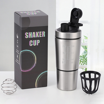 Еднослойна бутилка за протеинов прах от неръждаема стомана с отделение за съхранение, спортна чаша за смесване за фитнес на открито и удобна дръжка за разклащане