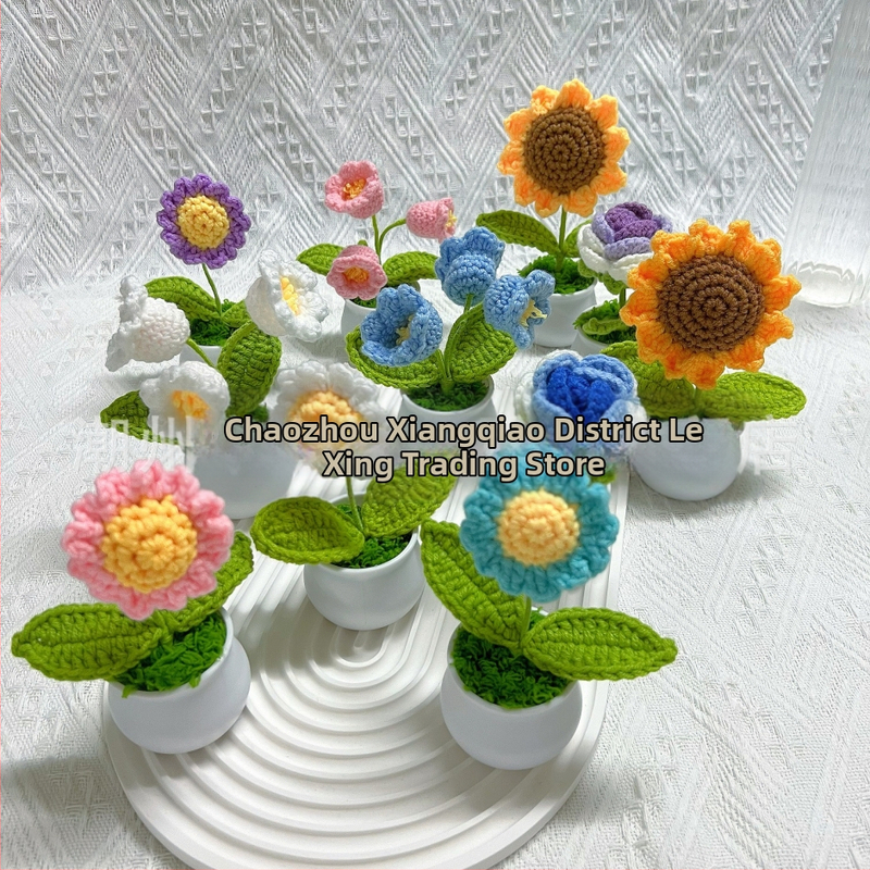 Вълнена плетена мини саксия декорация изкуствени цветя фабрика ръчно изработени вълнени цветя кола декорация готов продукт на едро