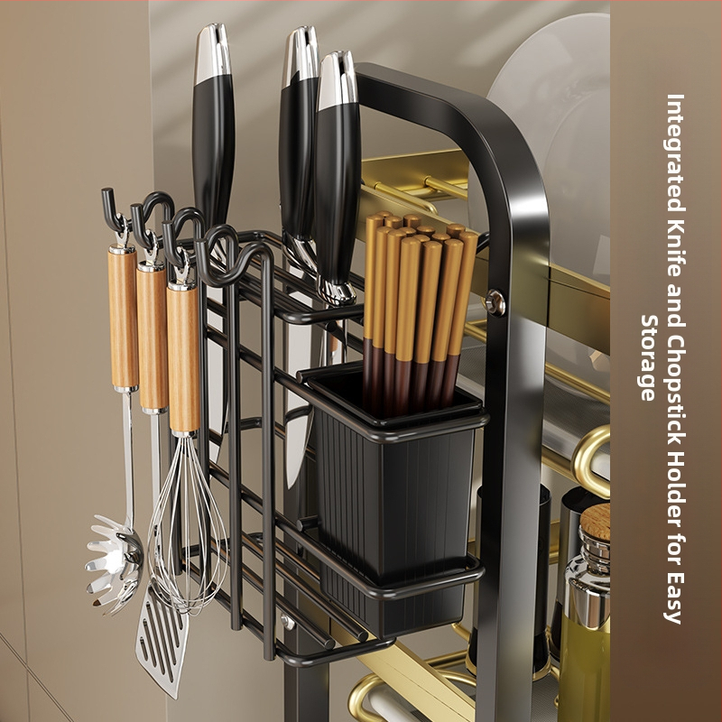 Стелаж за съдове и чинии, кухненски стелаж, държач за ножове, държач за клечки за хранене, вграден стелаж за оттичане, многофункционален стелаж за купи.