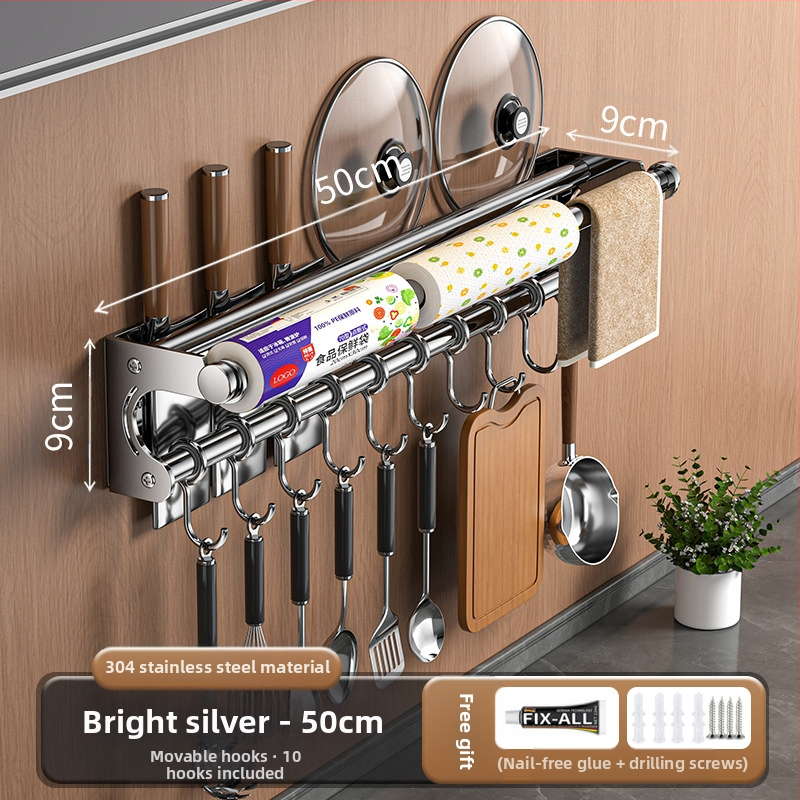 Neperforuojamas peilių laikiklis, 304 nerūdijančio plieno laikymo lentynėlė, virtuvės kabliukas, puodo užvalkalas, pjaustymo lentelė, plastikinės plėvelės servetėlių laikiklis