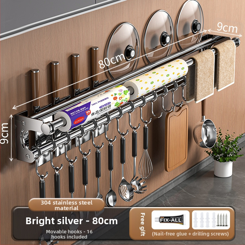 Neperforuojamas peilių laikiklis, 304 nerūdijančio plieno laikymo lentynėlė, virtuvės kabliukas, puodo užvalkalas, pjaustymo lentelė, plastikinės plėvelės servetėlių laikiklis