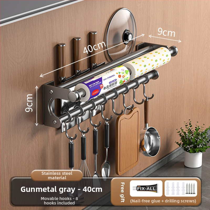 Neperforuojamas peilių laikiklis, 304 nerūdijančio plieno laikymo lentynėlė, virtuvės kabliukas, puodo užvalkalas, pjaustymo lentelė, plastikinės plėvelės servetėlių laikiklis