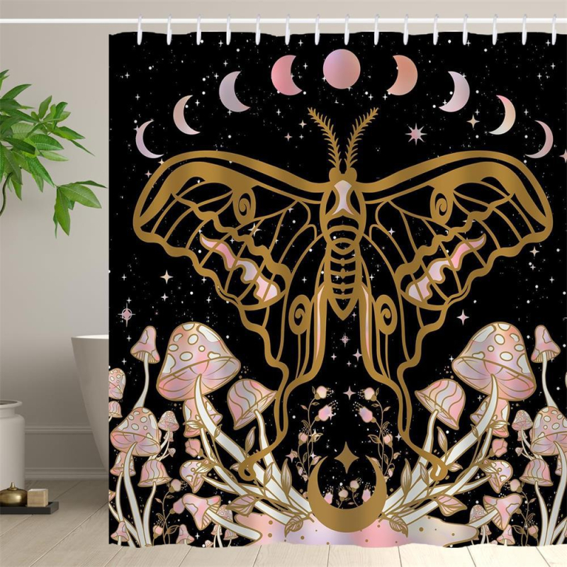 Vintage seenekujuline dušikardin, looduslik mets, liblikas, taim, lill, must, veekindel, vannitoa kaunistuskonks