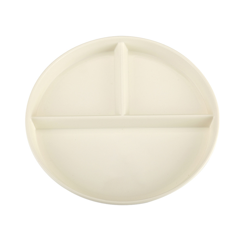 Plastmasas trīs nodalījumu taukus samazinošs krējuma stila augstas vērtības mājsaimniecības vakariņu šķīvis, komerciāls apaļa nodalījuma vakariņu šķīvis brokastīm