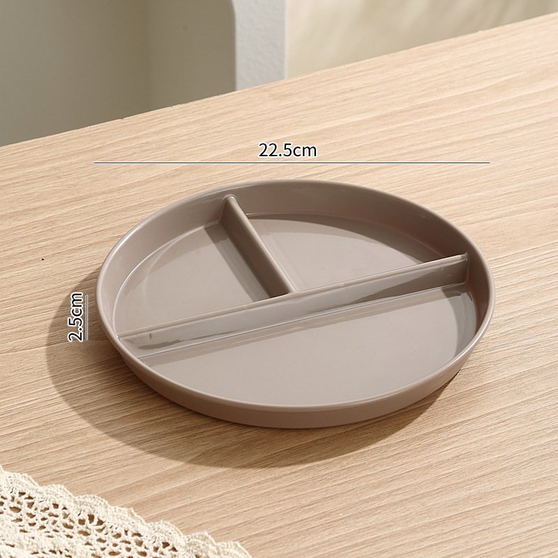 Plastmasas trīs nodalījumu taukus samazinošs krējuma stila augstas vērtības mājsaimniecības vakariņu šķīvis, komerciāls apaļa nodalījuma vakariņu šķīvis brokastīm