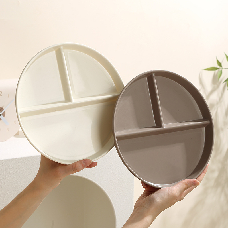 Plastmasas trīs nodalījumu taukus samazinošs krējuma stila augstas vērtības mājsaimniecības vakariņu šķīvis, komerciāls apaļa nodalījuma vakariņu šķīvis brokastīm