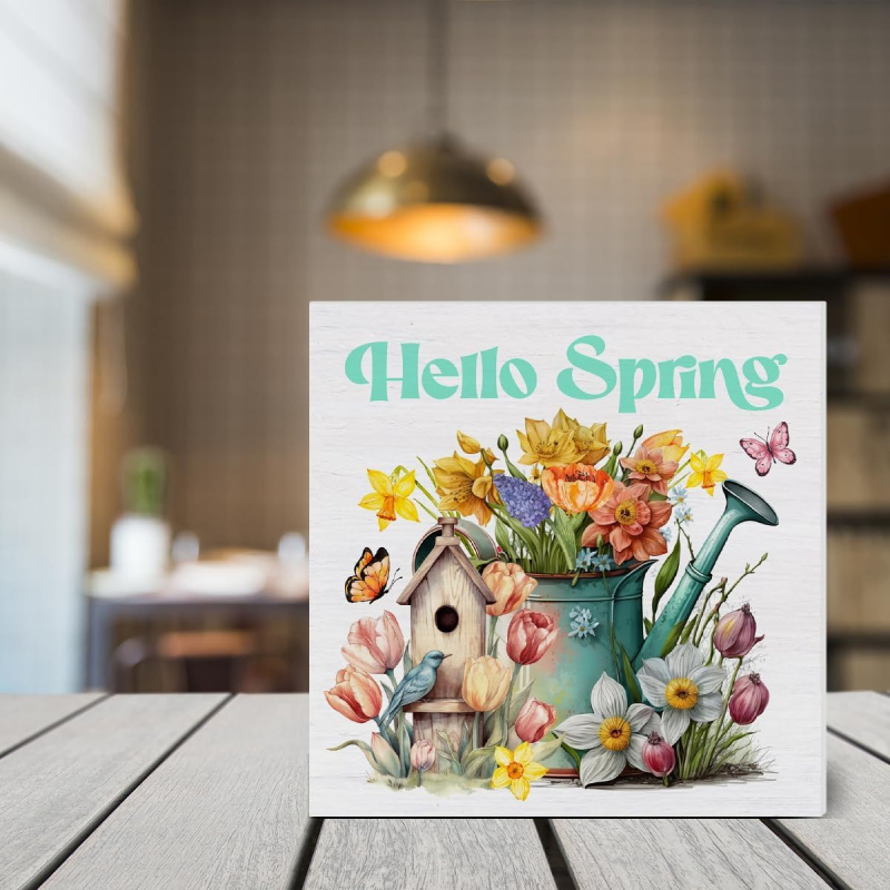 1 vnt. klasikinio „Labas, pavasaris“ PVC ženklo, 3,96 colio sodybos dekoratyvinės lentelės su gėlėmis