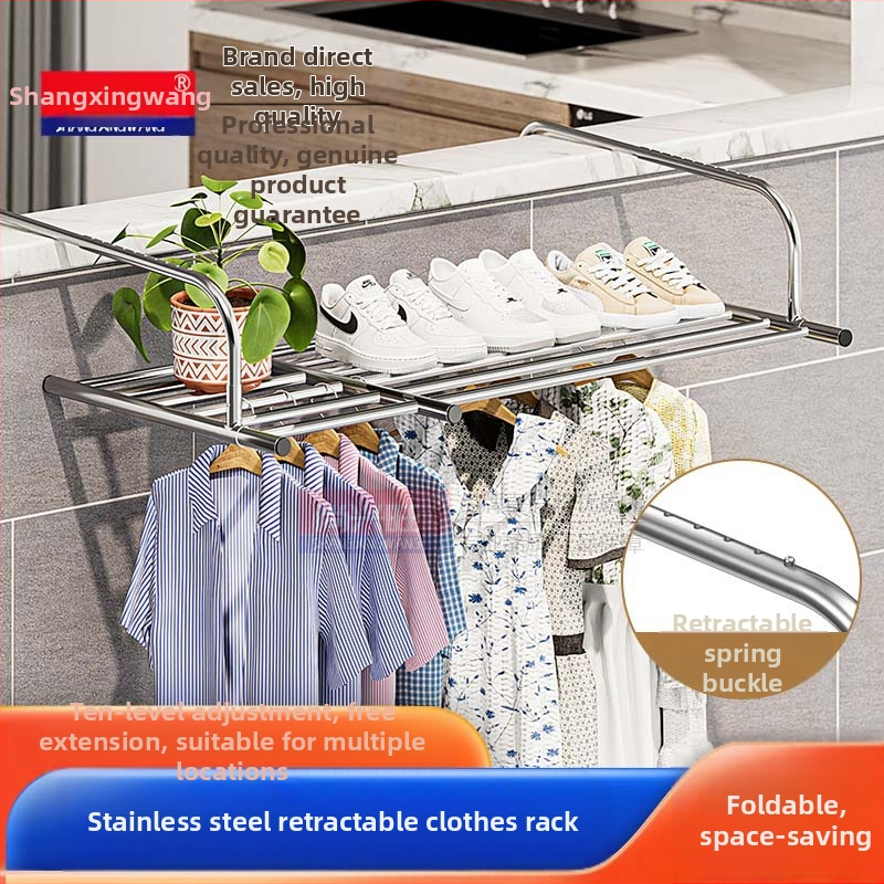 Roostevabast terasest aknast väljatõmmatav riidepuu, augustamata multifunktsionaalne rõdukuivatusrest, riideakna kokkupandav riiul