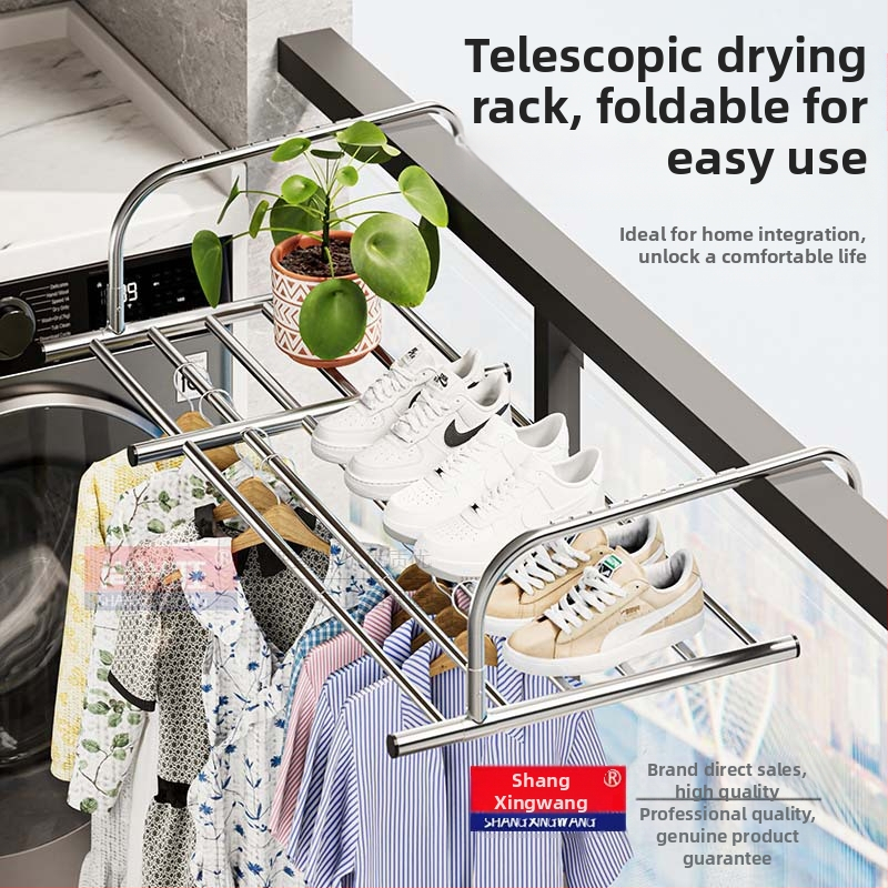 Roostevabast terasest aknast väljatõmmatav riidepuu, augustamata multifunktsionaalne rõdukuivatusrest, riideakna kokkupandav riiul