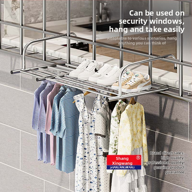 Roostevabast terasest aknast väljatõmmatav riidepuu, augustamata multifunktsionaalne rõdukuivatusrest, riideakna kokkupandav riiul