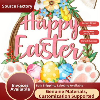 Drveni tanjur za vrata s uskršnjim zečićem - zidni ukras s cvjetnim ukrasom i Sretnim Uskrsom