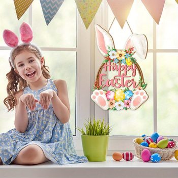 Дървена чиния за врата с великденско зайче - стенен щит \