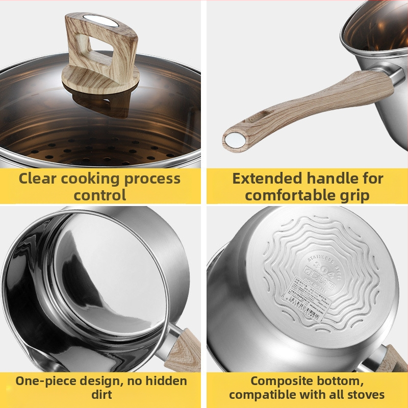 304 дебела неръждаема стомана тенджера за мляко с двойно дъно, тенджера за бебешка храна, тенджера за супа, малка тенджера за мляко, тенджера за инстантни юфка, подаръчно отпечатано лого