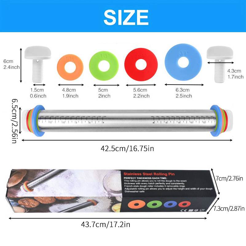 17 colių reguliuojamo storio nerūdijančio plieno kočėlas, kepimo kočėlas su graduota miltų lazdele