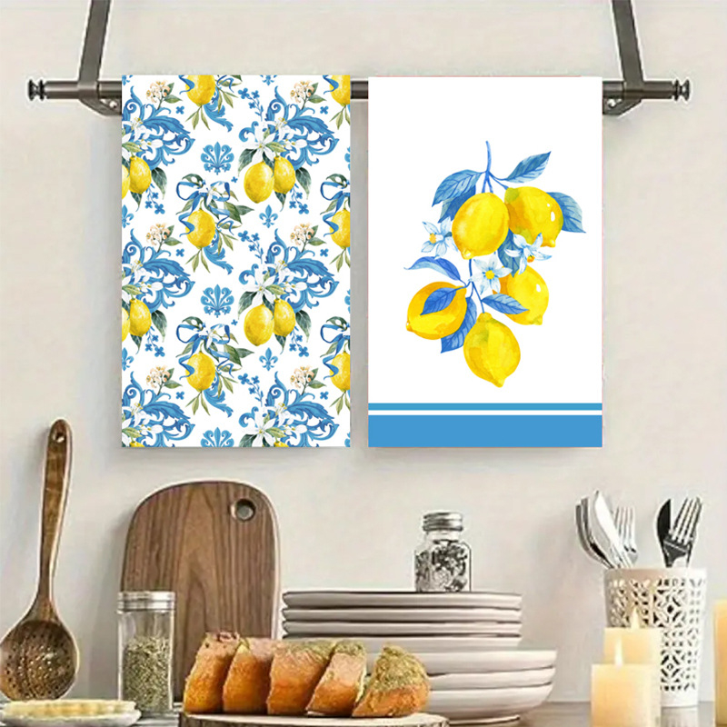 Ristservaline sidrunivärvi nõudepesulapp, akvarell-talumaja stiilis dekoratiivne käsitsi kuivatatud teerätik, mis sobib paksendatud köögiköögi küpsetamiseks ja trükitud lapiga