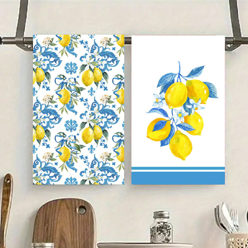 Ristservaline sidrunivärvi nõudepesulapp, akvarell-talumaja stiilis dekoratiivne käsitsi kuivatatud teerätik, mis sobib paksendatud köögiköögi küpsetamiseks ja trükitud lapiga