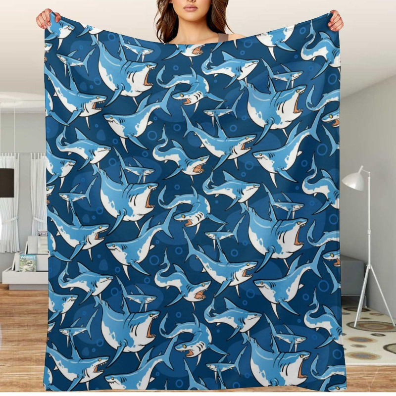 Animacinių filmukų ryklio rašto flanelinė antklodė, skaitmeninė spauda, nešiojama minkšta antklodė, tarpvalstybiniai „Amazon“ gamyklos tiesioginiai pardavimai