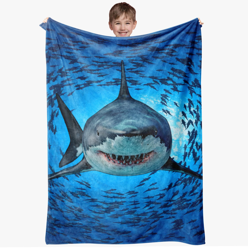 Animacinių filmukų ryklio rašto flanelinė antklodė, skaitmeninė spauda, nešiojama minkšta antklodė, tarpvalstybiniai „Amazon“ gamyklos tiesioginiai pardavimai