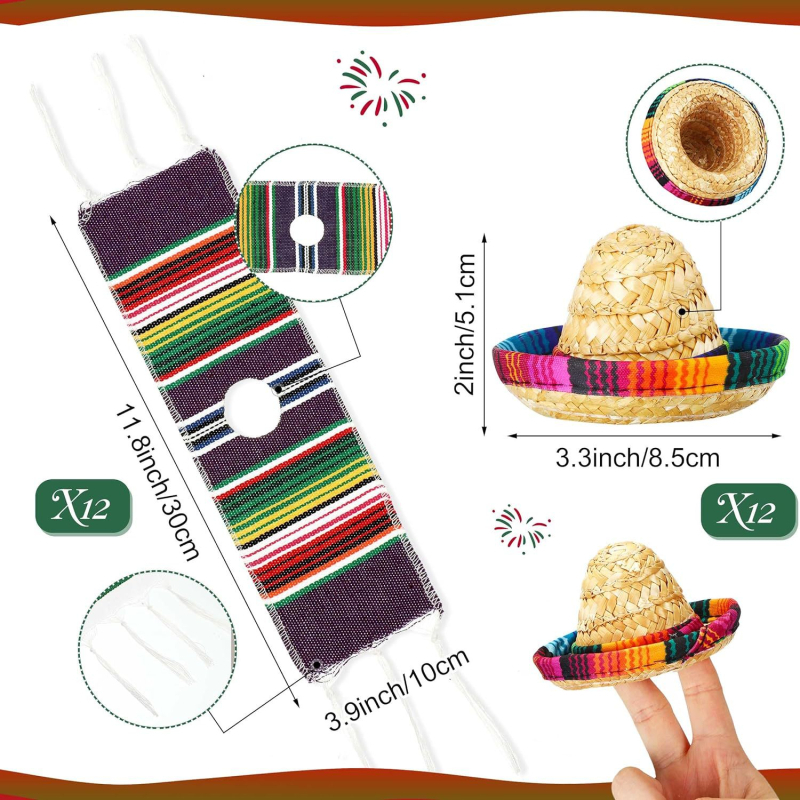 Šventinis vyno butelio šalikas ir skrybėlė, meksikietiška maža skrybėlės šaliko dekoratyvinis rinkinys