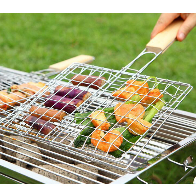Rozsdamentes acél grillsütő háló, hal grillező fogó, grillsütő háló fa fogantyúval, összecsukható grillsütő állvány, hordozható összecsukható grillsütő háló