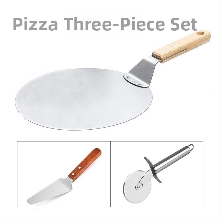 Gamykliniai kepimo įrankiai, trijų dalių picos rinkinys, medinė rankena, apvalus kastuvas, nerūdijančio plieno, peilis, medinė rankena, trikampis kastuvas
