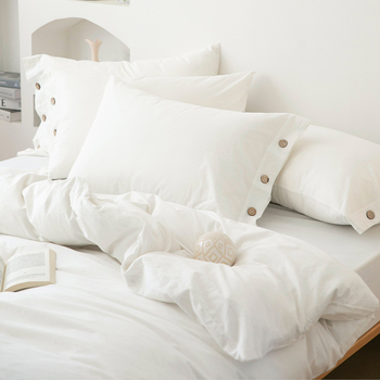 Japoniškas retro minimalistinis sagų stiliaus skalbtos grynos medvilnės keturių dalių komplektas, grynos spalvos, mažas, gaivus, paprastas bendrabučio stiliaus patalynės komplektas