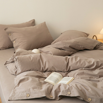 Japoniškas retro minimalistinis sagų stiliaus skalbtos grynos medvilnės keturių dalių komplektas, grynos spalvos, mažas, gaivus, paprastas bendrabučio stiliaus patalynės komplektas