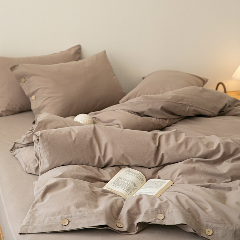 Japoniškas retro minimalistinis sagų stiliaus skalbtos grynos medvilnės keturių dalių komplektas, grynos spalvos, mažas, gaivus, paprastas bendrabučio stiliaus patalynės komplektas