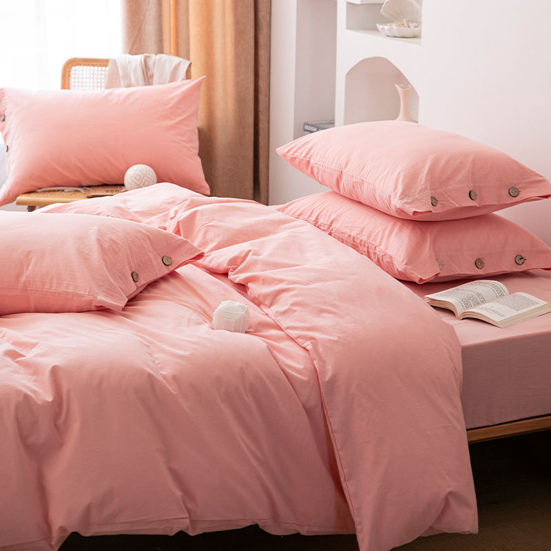 Japoniškas retro minimalistinis sagų stiliaus skalbtos grynos medvilnės keturių dalių komplektas, grynos spalvos, mažas, gaivus, paprastas bendrabučio stiliaus patalynės komplektas