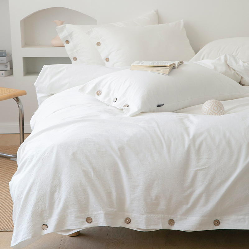 Japoniškas retro minimalistinis sagų stiliaus skalbtos grynos medvilnės keturių dalių komplektas, grynos spalvos, mažas, gaivus, paprastas bendrabučio stiliaus patalynės komplektas