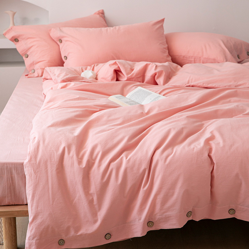 Japoniškas retro minimalistinis sagų stiliaus skalbtos grynos medvilnės keturių dalių komplektas, grynos spalvos, mažas, gaivus, paprastas bendrabučio stiliaus patalynės komplektas