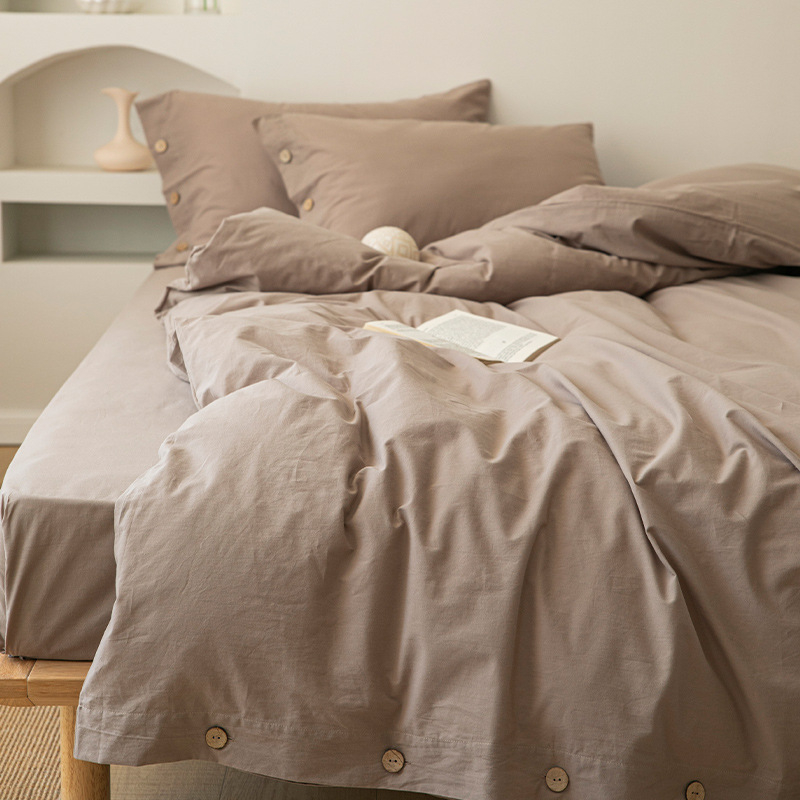 Japoniškas retro minimalistinis sagų stiliaus skalbtos grynos medvilnės keturių dalių komplektas, grynos spalvos, mažas, gaivus, paprastas bendrabučio stiliaus patalynės komplektas